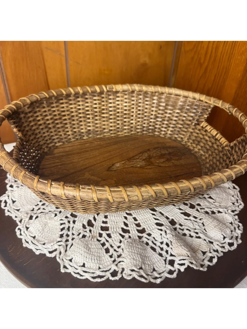 Vintage Woven Basket Stonewall Kitchen Wood Bottom Serving Tray 14 Inch